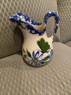 Blue & Green Hand-Painted Ceramic Pitcher - Decorative Home Accent